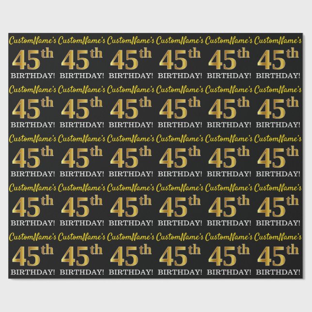 Papel De Regalo Oro negro, imitación "45 cumpleaños" (Superficie plana)