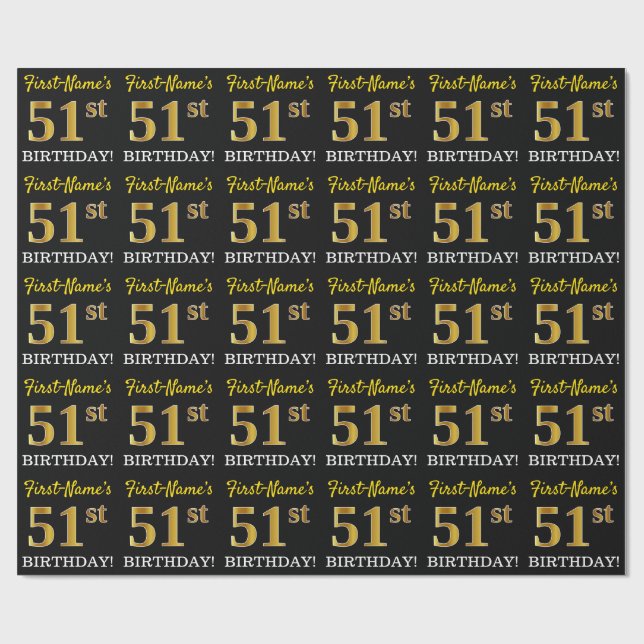 Papel De Regalo Oro negro, imitación "51 cumpleaños" (Superficie plana)