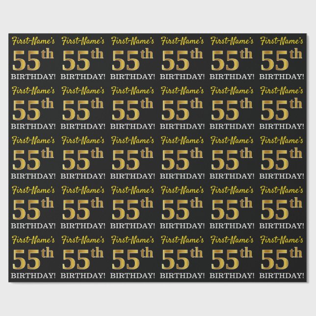 Papel De Regalo Oro negro, imitación "55 cumpleaños" (Superficie plana)