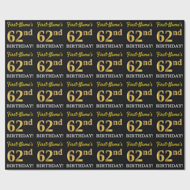 Papel De Regalo Oro negro, imitación "62º CUMPLEAÑOS" (Superficie plana)