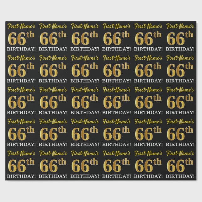 Papel De Regalo Oro negro, imitación "66º CUMPLEAÑOS" (Superficie plana)