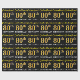 Papel De Regalo Oro negro, imitación "80 cumpleaños"