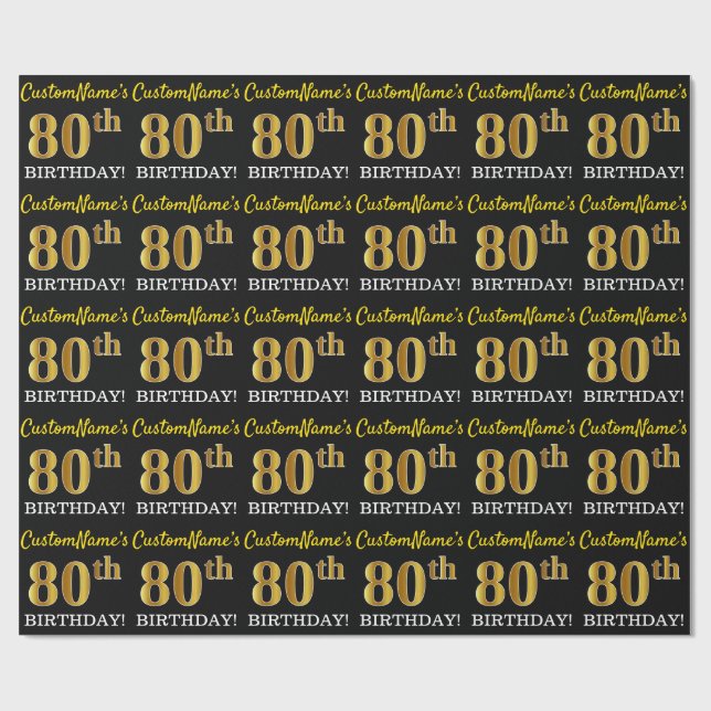 Papel De Regalo Oro negro, imitación "80 cumpleaños" (Superficie plana)