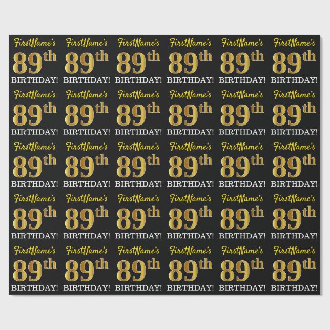 Papel De Regalo Oro negro, imitación "89º CUMPLEAÑOS" (Superficie plana)