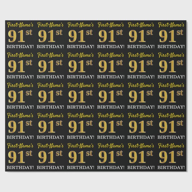 Papel De Regalo Oro negro, imitación "91 cumpleaños" (Superficie plana)
