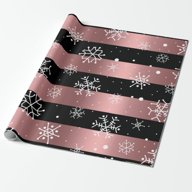 Papel De Regalo Oro negro y Rosa con copos de nieve (Desenrollado)