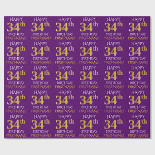 Papel De Regalo Oro púrpura, falso "34to CUMPLEAÑOS FELIZ "
