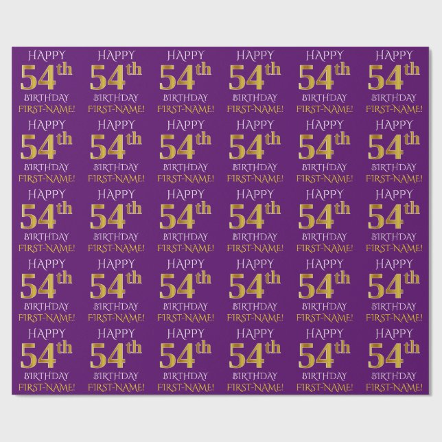 Papel De Regalo Oro púrpura, falso "FELIZ 54 cumpleaños" (Superficie plana)