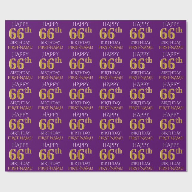 Papel De Regalo Oro púrpura, falso "FELIZ 66º CUMPLEAÑOS" (Superficie plana)