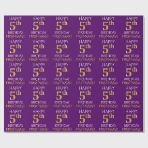 Papel De Regalo Oro púrpura, falso "FELIZ quinto CUMPLEAÑOS"