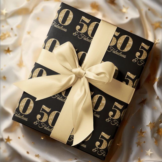Papel De Regalo Oro Purpurinoso 50 y fabuloso en negro (Glittery Gold 50 & Fabulous on Black Wrapping Paper)