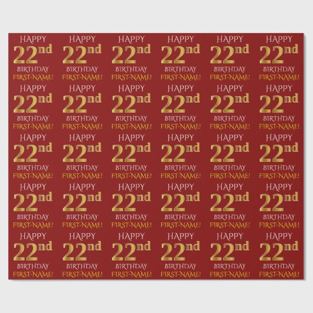 Papel De Regalo Oro rojo, falso "FELIZ 22 DE CUMPLEAÑOS" (Superficie plana)