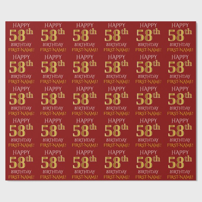 Papel De Regalo Oro rojo, falso "FELIZ 58 cumpleaños" (Superficie plana)