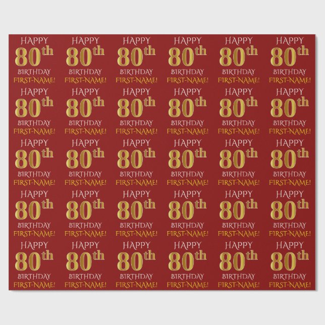 Papel De Regalo Oro Rojo, Faux "FELIZ 80 cumpleaños" (Superficie plana)