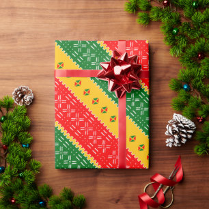Papel De Regalo Oro Rojo Y Patrón Tribal De Tela Verde