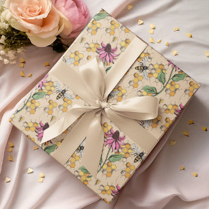 Papel De Regalo Oro Romántico Reina Abeja, Panal y Flores