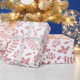 Papel De Regalo Oro Rosa y Navidad de Invierno con Acebo Blanco