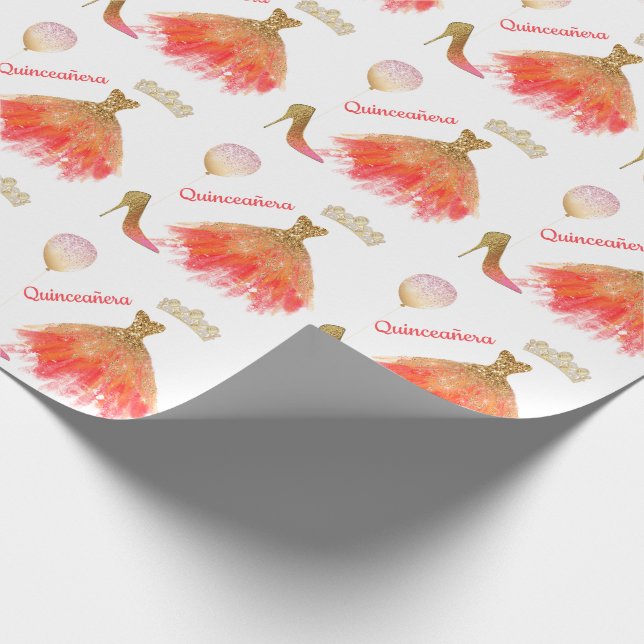 Papel De Regalo Oro rosado de Quinceañera y Fiesta Naranja (Esquina)