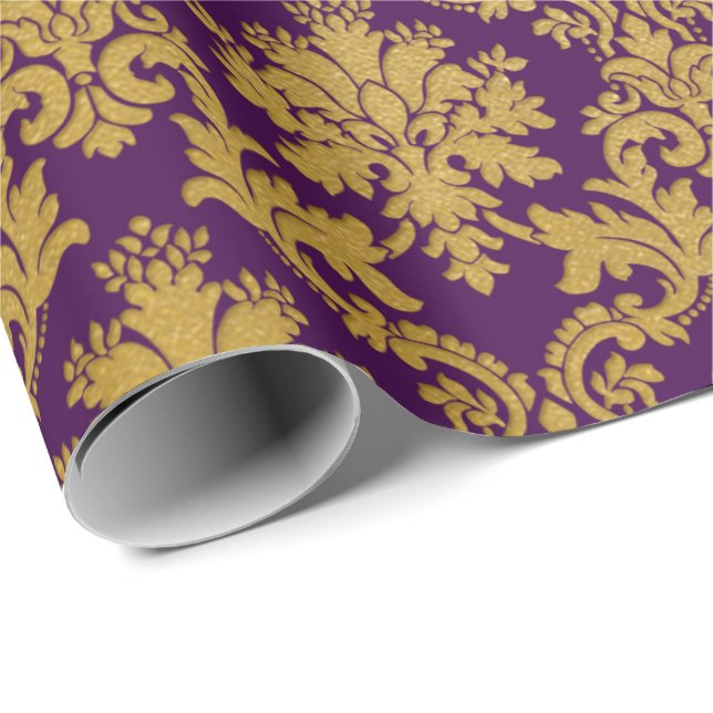 Papel De Regalo Oro Royal Damask Floral Purple Pluma Barroca (Esquina del rollo)