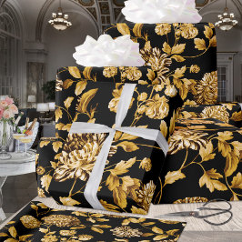 Papel De Regalo Oro Sobre La Vintage Negra Moderna Y El Toile Flor