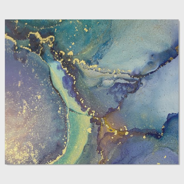 Papel De Regalo Oro verde azul Tinta de alcohol líquido abstracto  (Superficie plana)