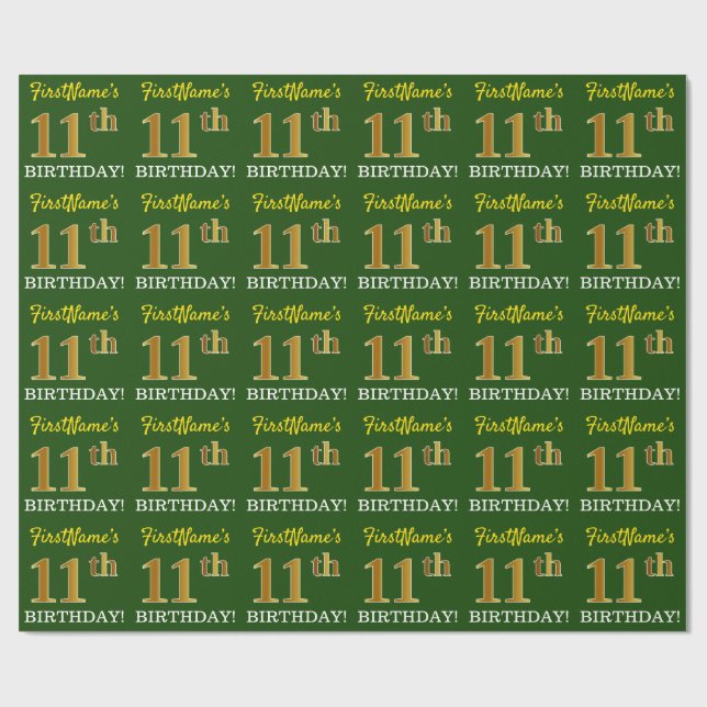 Papel De Regalo Oro verde, de imitación "11 cumpleaños" (Superficie plana)