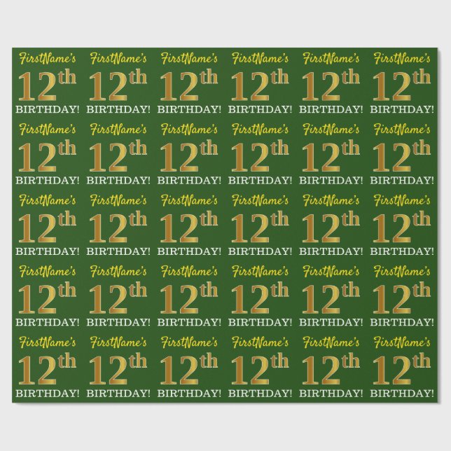 Papel De Regalo Oro verde, de imitación "12º CUMPLEAÑOS" (Superficie plana)