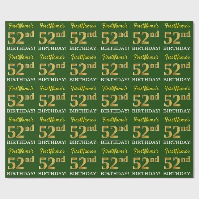 Papel De Regalo Oro verde, de imitación, "52 cumpleaños" (Superficie plana)