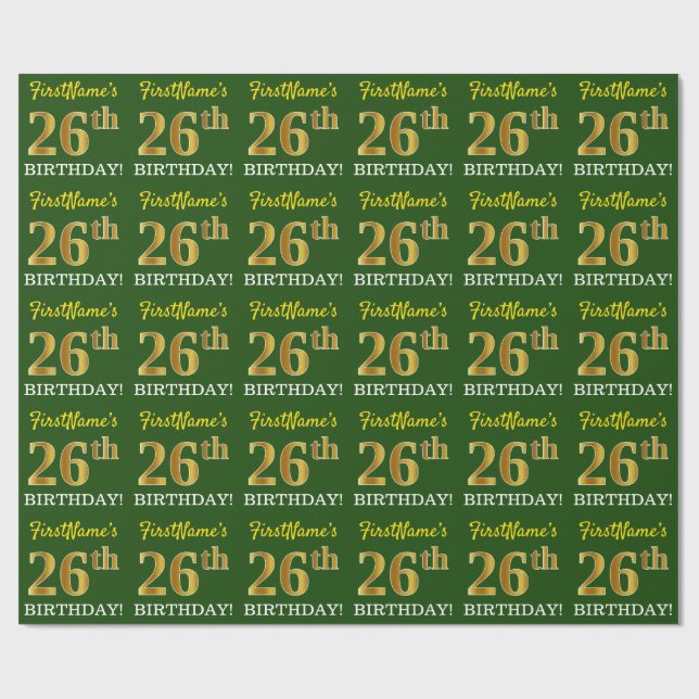Papel De Regalo Oro verde, de imitación, "CUMPLEAÑOS 26" (Superficie plana)