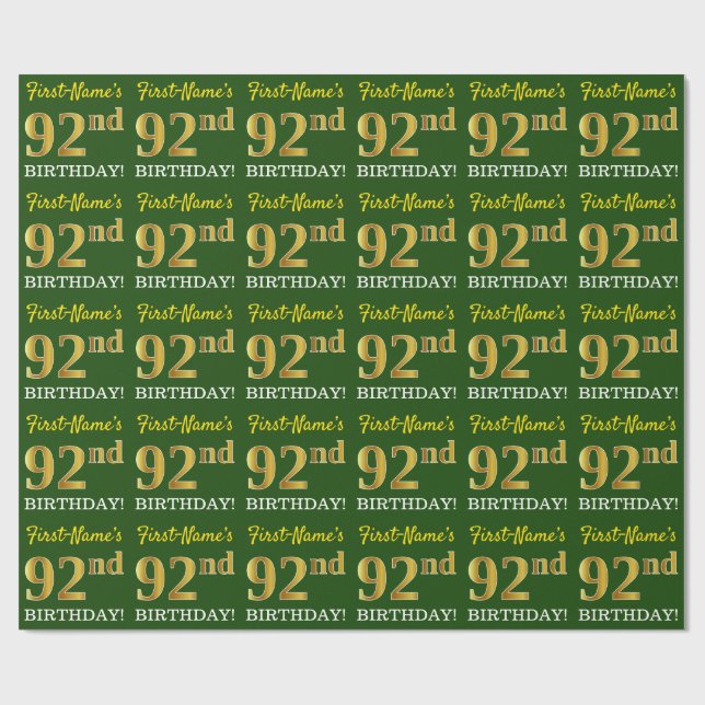 Papel De Regalo Oro verde, de imitación, mira "92 cumpleaños" (Superficie plana)