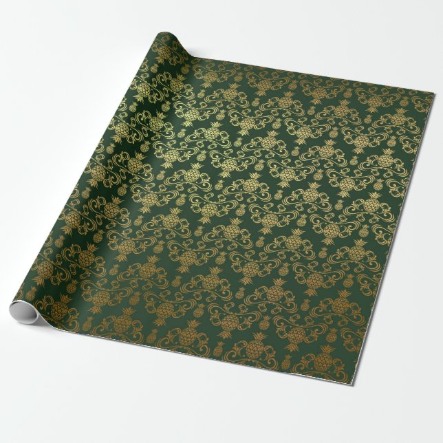 Papel De Regalo Oro verde esmeralda de piña de Hawái (Desenrollado)