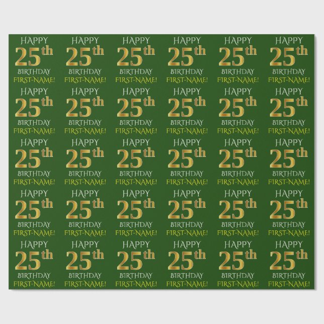Papel De Regalo Oro verde, falso "25to CUMPLEAÑOS FELIZ " (Superficie plana)