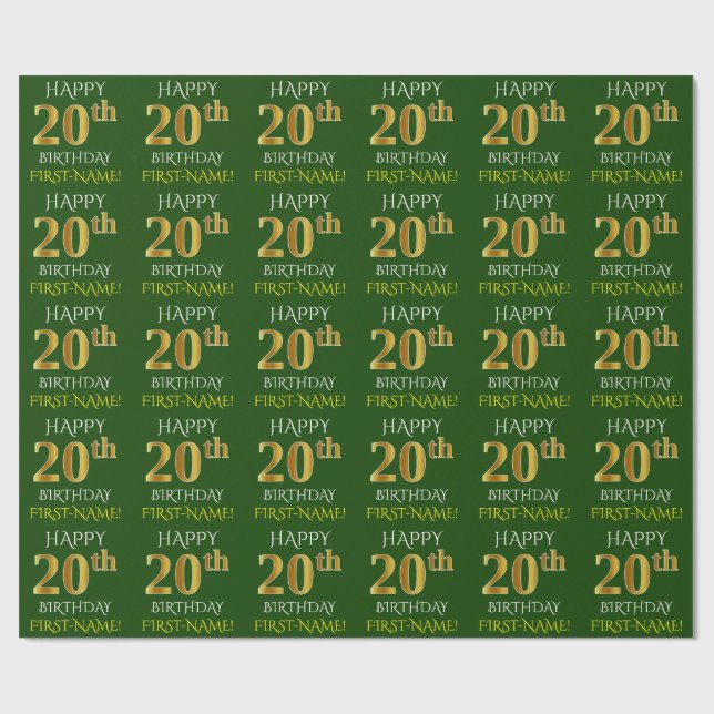 Papel De Regalo Oro verde, falso "FELIZ 20 cumpleaños" (Superficie plana)