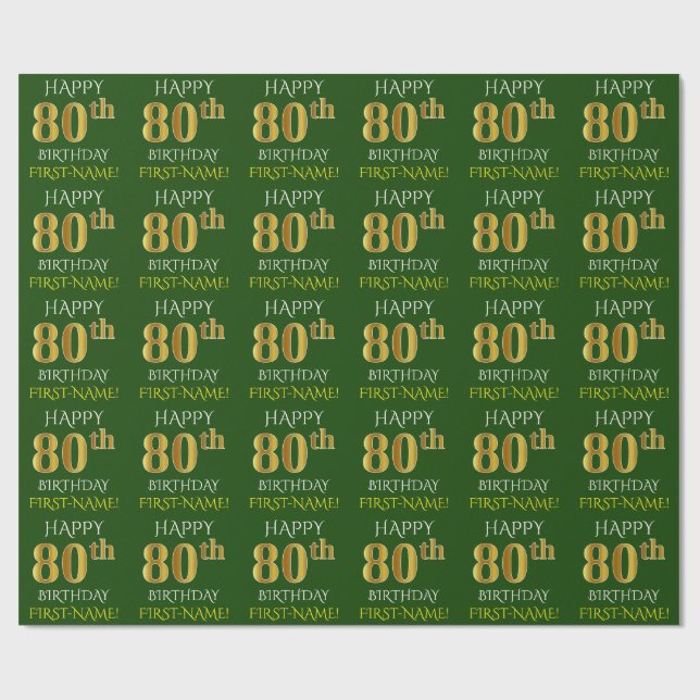 Papel De Regalo Oro verde, falso "FELIZ 80 cumpleaños" (Superficie plana)