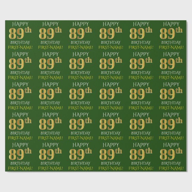 Papel De Regalo Oro verde, falso "FELIZ 89º CUMPLEAÑOS" (Superficie plana)
