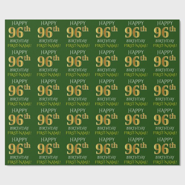 Papel De Regalo Oro verde, falso "FELIZ 96º CUMPLEAÑOS" (Superficie plana)