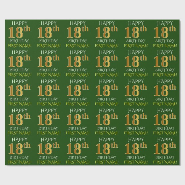 Papel De Regalo Oro verde, falso "FELIZ CUMPLEAÑOS 18" (Superficie plana)