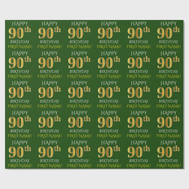 Papel De Regalo Oro verde, falso "FELIZ CUMPLEAÑOS 90" (Superficie plana)