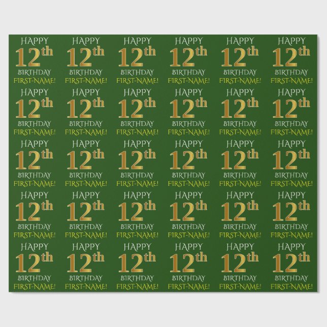 Papel De Regalo Oro verde, falso "FELIZ duodécimo cumpleaños" (Superficie plana)