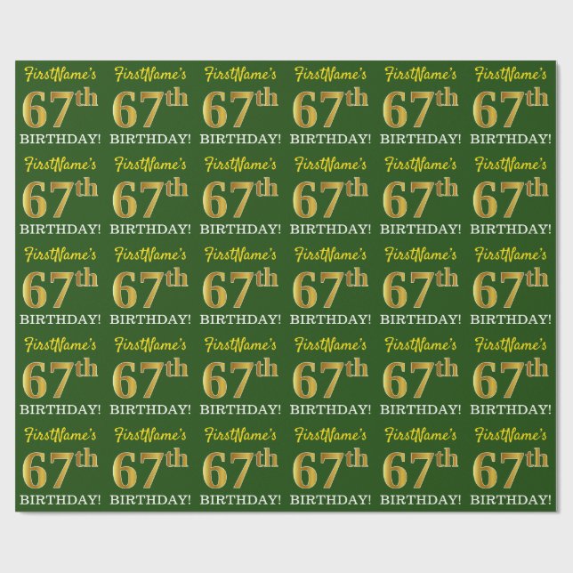 Papel De Regalo Oro verde, imitación "67º CUMPLEAÑOS" (Superficie plana)