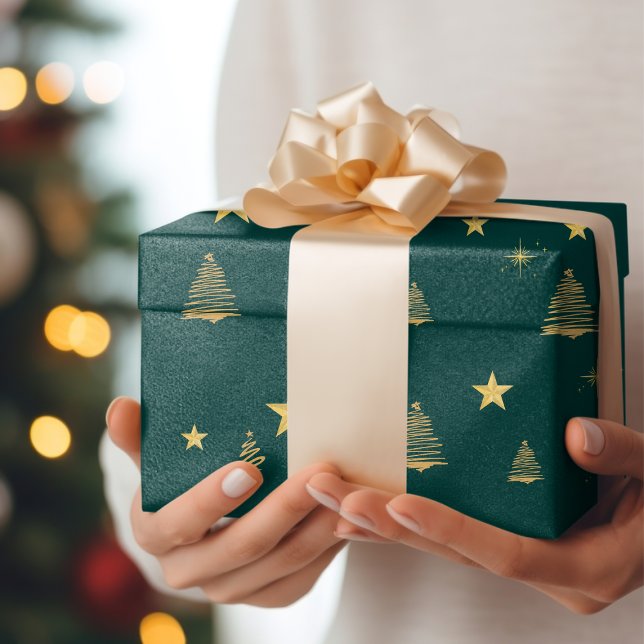 Papel De Regalo Oro verde Moderno árbol de Navidad geométrico simp (Subido por el creador)