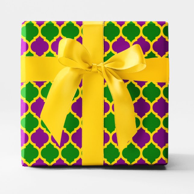Papel De Regalo Oro verde y púrpura Mardi Gras Quatrefoil (Gold Green and Purple Mardi Gras Quatrefoil Wrapping Paper)