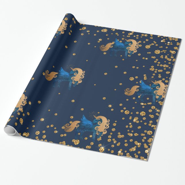 Papel De Regalo Oro y marina Unicornio BODA WRAP (Desenrollado)