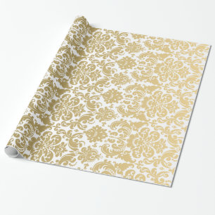 Papel De Regalo Oro y modelo elegante blanco del damasco