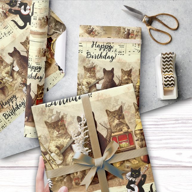 Papel De Regalo Orquesta de la canción Cat Happy Birday (Cute vintage pattern wrapping paper featuring a cat orchestra singing a happy birthday song)