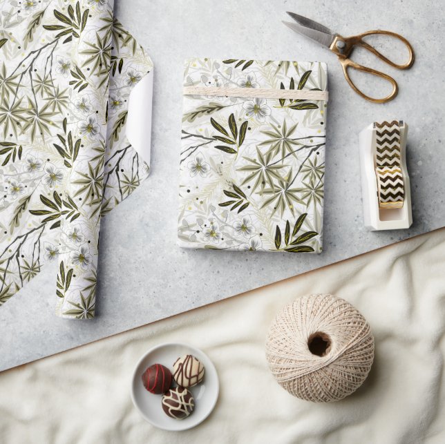 Papel De Regalo orquídeas blancas con hojas tropicales de oliva (Artesanía)