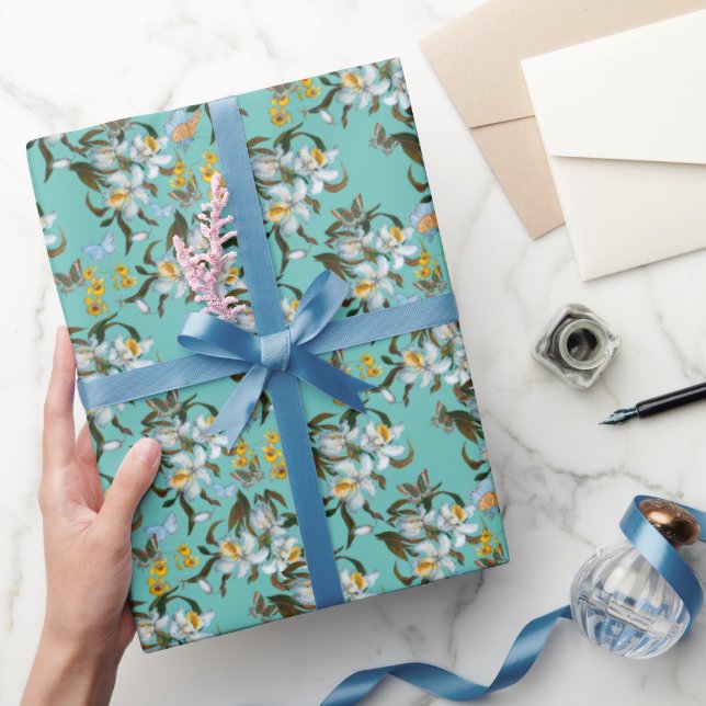 Papel De Regalo Orquídeas Mariposas Verde azuladas Botánicas Toda  (Regalar)