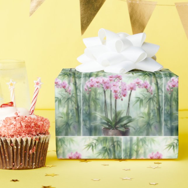Papel De Regalo Orquídeas y Bambú Rosa Etéreo (Fiesta de cumpleaños )
