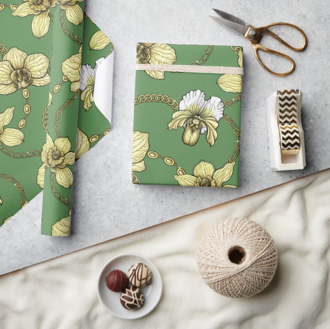 Papel De Regalo Orquídeas y cadenas, amarillas y kellanas (Artesanía)