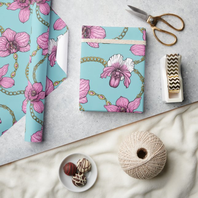 Papel De Regalo orquídeas y cadenas, rosa y azul (Artesanía)